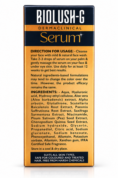 Biolush-G Dermaclinical Glutathione Serum – Alpha Arbutin, Hyaluronic Acid & Niacinamide | 30ml