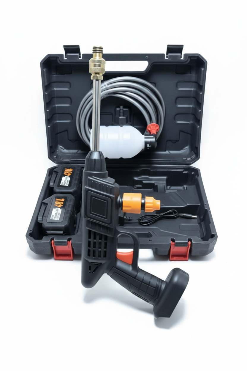 48V Cordless Car Washer High Pressure Set with carry case and accessories on white background