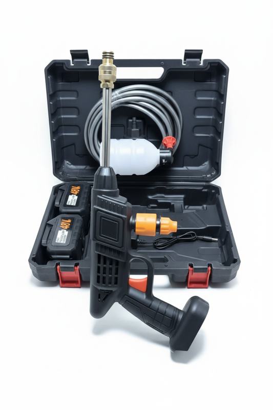 48V Cordless Car Washer High Pressure Set with carry case and accessories on white background
