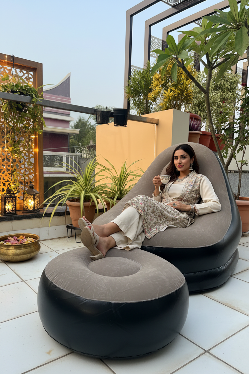 Modern Indian woman relaxing on inflatable sofa chair in a posh outdoor setting