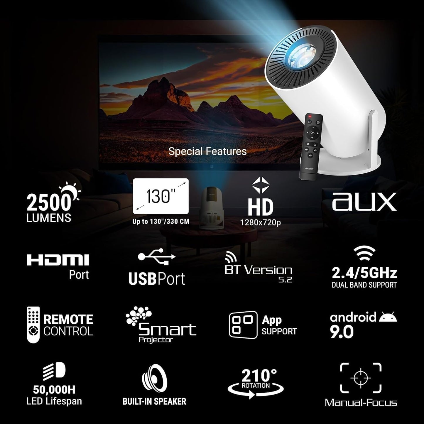 HY300 Smart Portable Projector — 180° Adjustable, Android WiFi